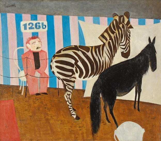 Zebra met ezel en clown in circustent, 1943
